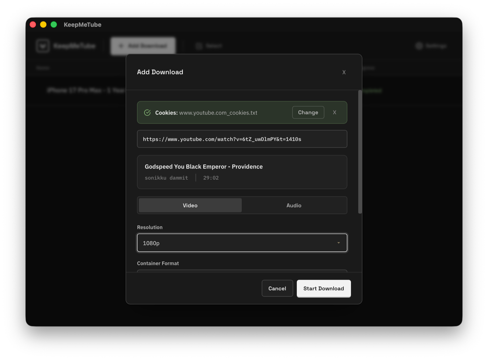 Add Download dialog in English and dark mode, showing a connected cookies.txt file and a 1080p resolution selector