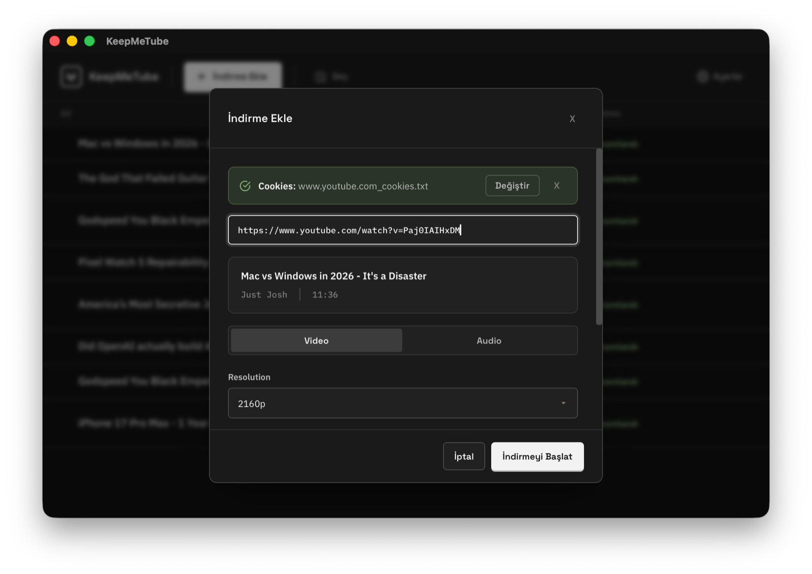 KeepMeTube add-download dialog in dark mode, with cookie authentication and resolution controls