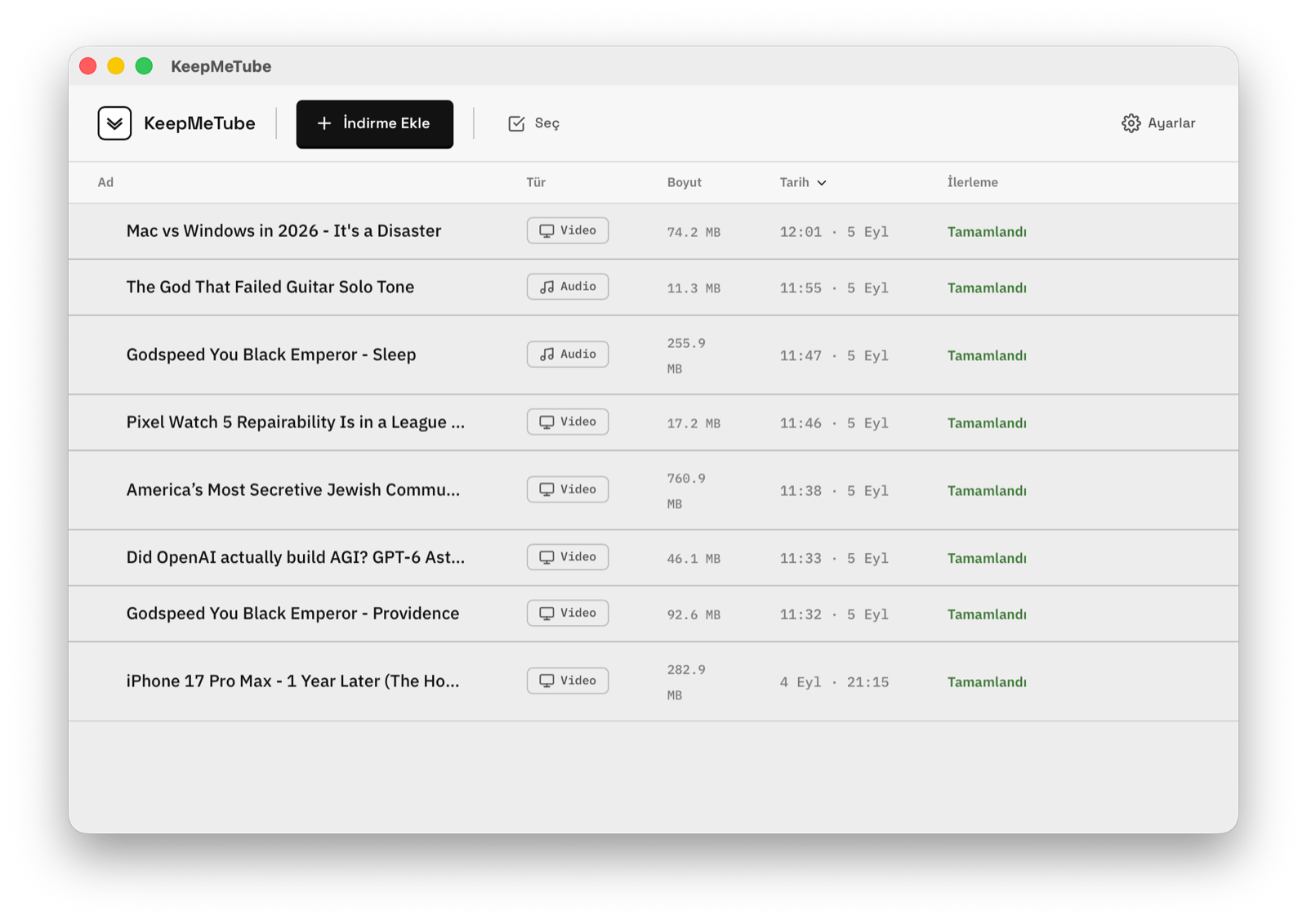 The same download queue in light mode